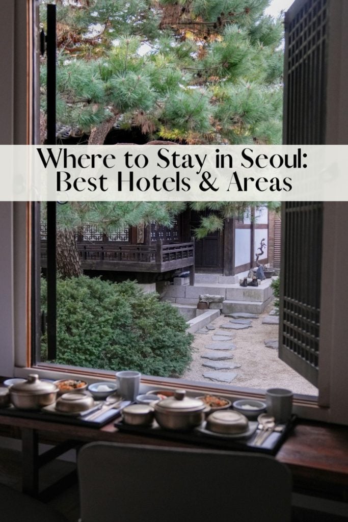 Pinterest graphic for a Seoul hotel guide over a garden dining scene