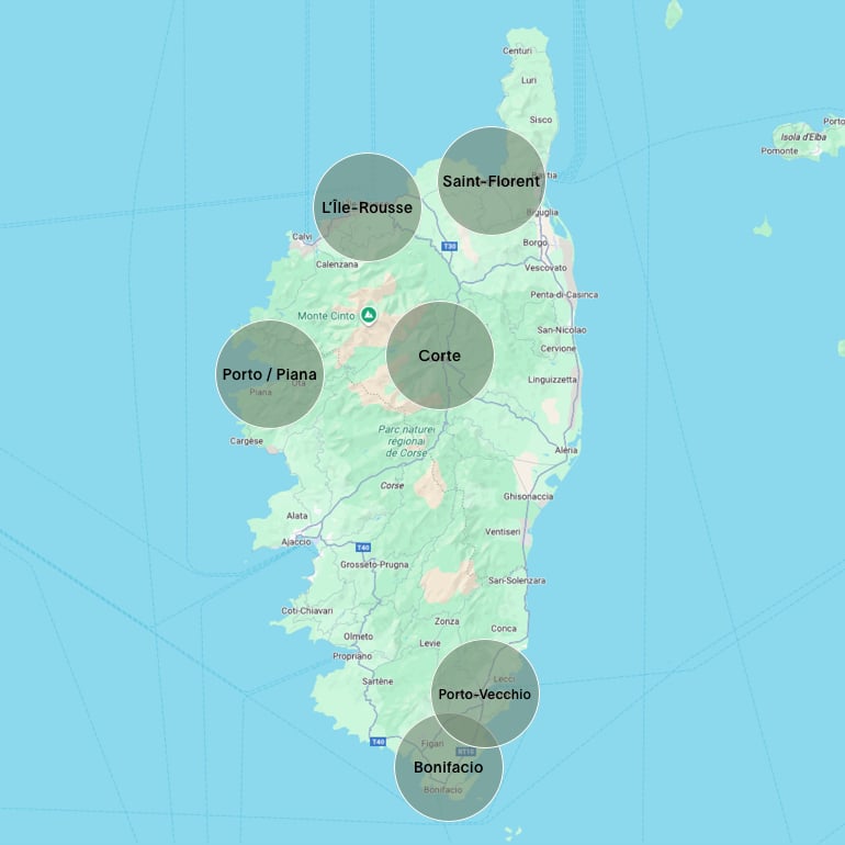 Map of Corsica showing the main areas and bases referenced in this guide, including Saint-Florent, Balagne, Porto, Corte, and Porto-Vecchio.