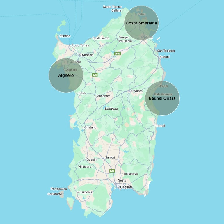 Map of the 10-day Northern Sardinia itinerary route across Costa Smeralda, the Baunei Coast, and Alghero