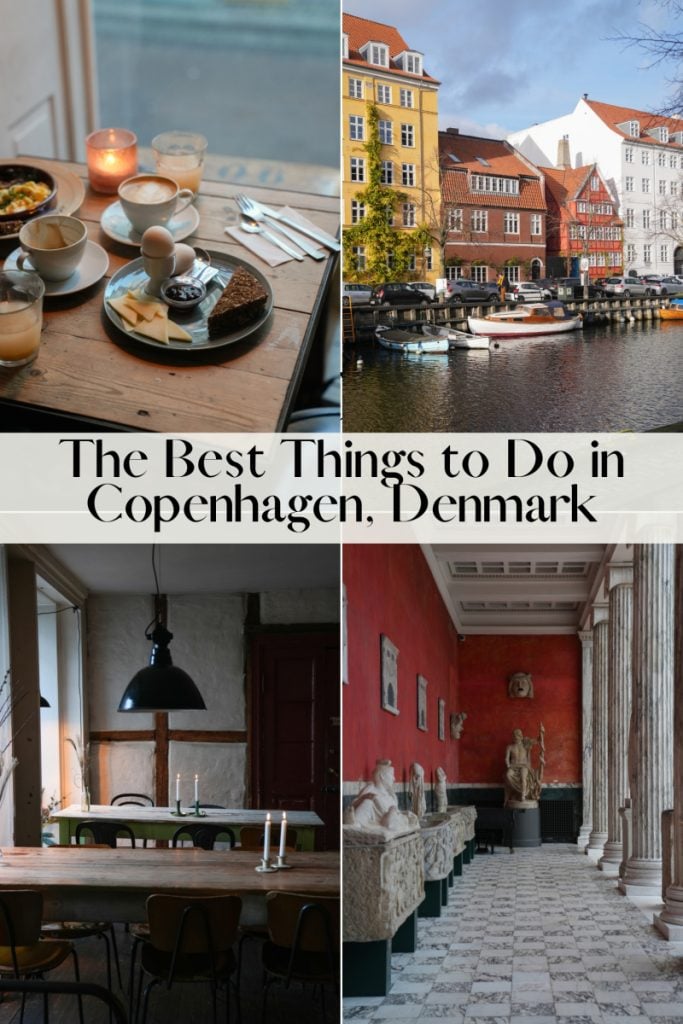 Pinterest collage of Copenhagen cafes, canals and museum interiors