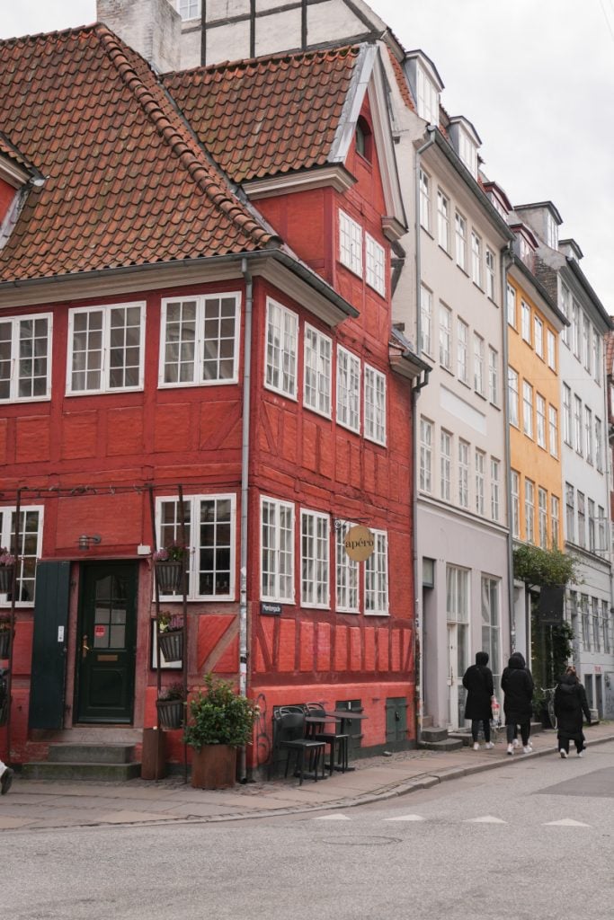 Red timbered corner building in central Copenhagen