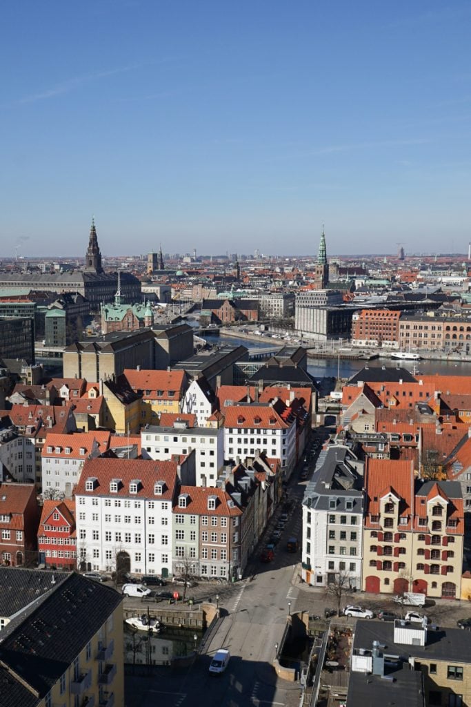 Panoramic Copenhagen skyline from the Church of Our Saviour