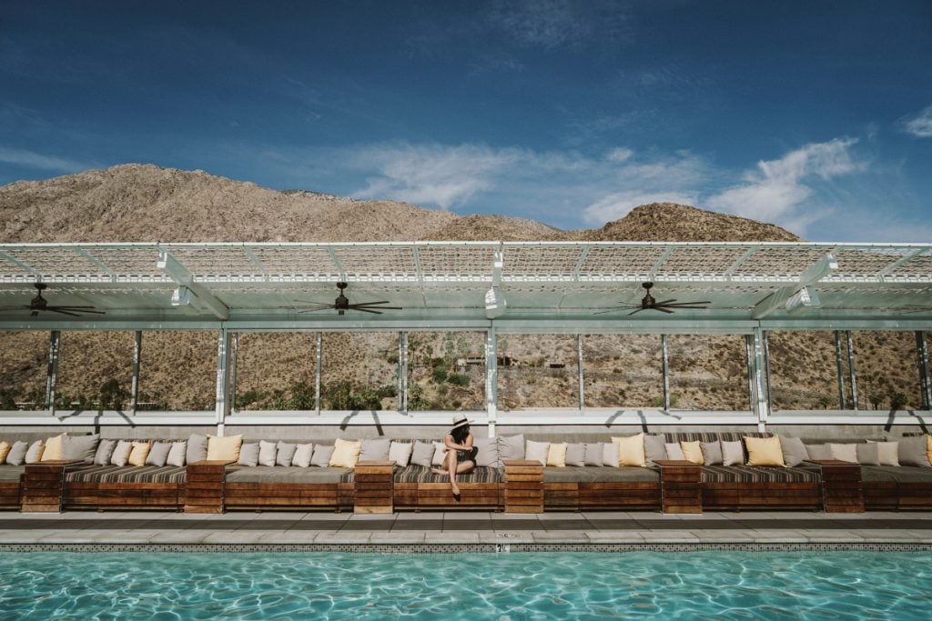 Rooftop pool at Kimpton Rowan Palm Springs with mountain views