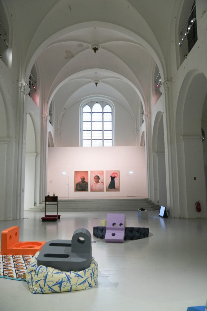 Contemporary art inside the vaulted Nikolaj Art Gallery