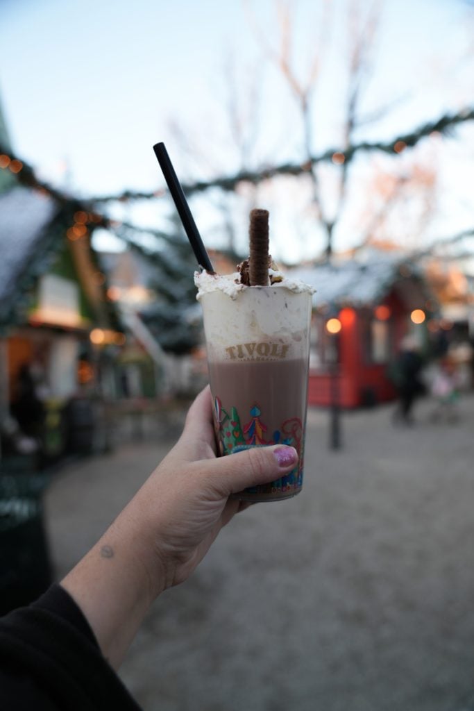 Cup of hot chocolate at Christmas-decorated Tivoli Gardens