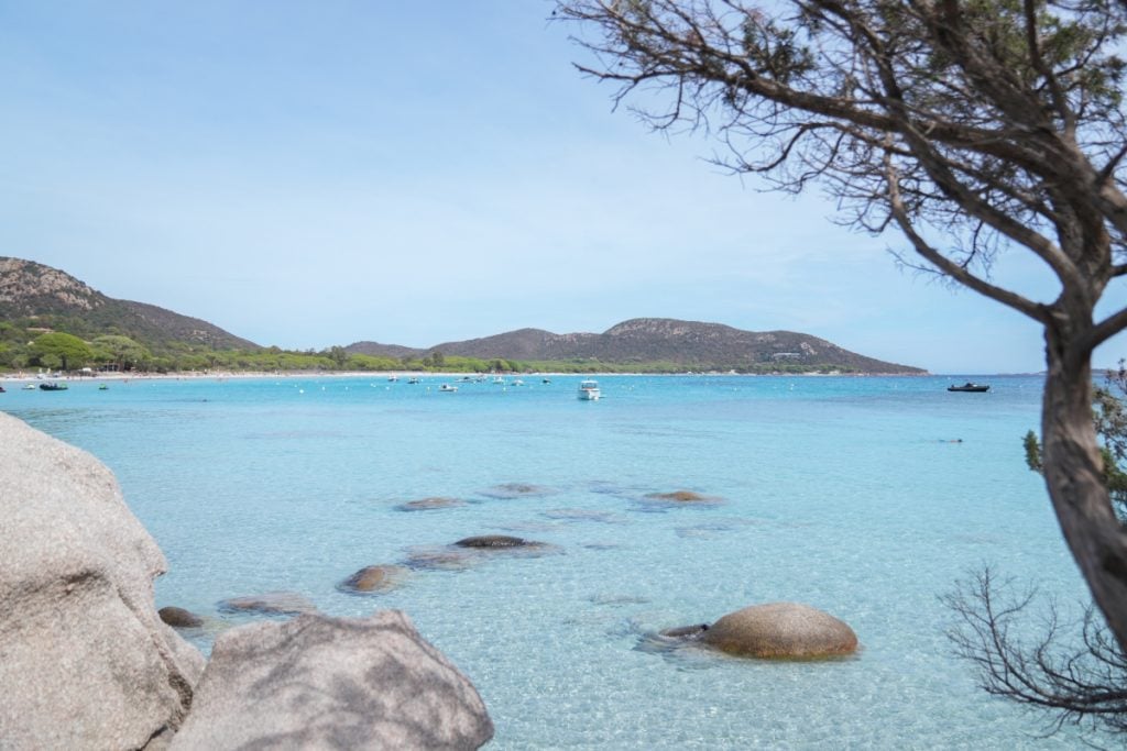 Turquoise water and sandy shoreline at Palombaggia beach near Porto-Vecchio, Corsica