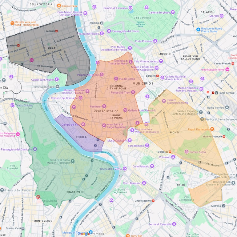 Map of Rome highlighting four recommended areas to stay: Centro Storico in red, Regola in purple, Monti in orange, Trastevere in green, and Prati in black.