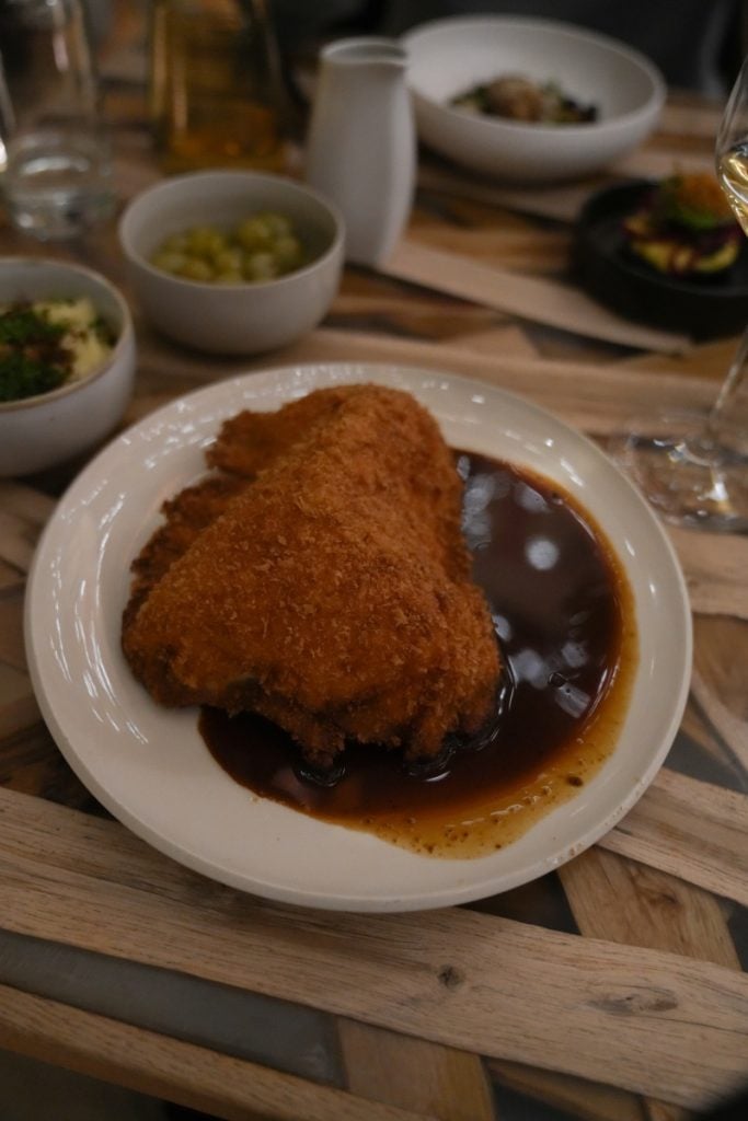 Breaded schnitzel with mashed potatoes at 420 restaurant