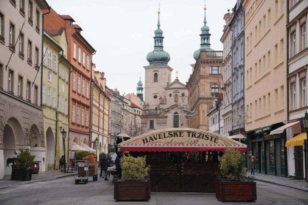 Market stall along Havelské Tržiště in Prague