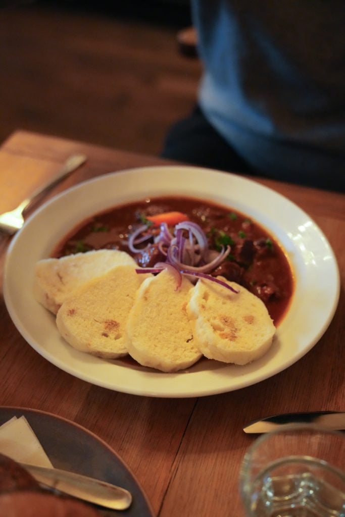 Czech goulash with bread dumplings at Three Golden Stars