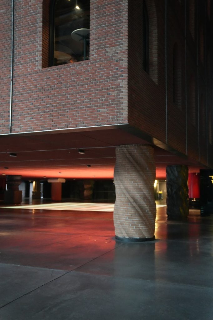 Twisted brick column inside Azkuna Zentroa