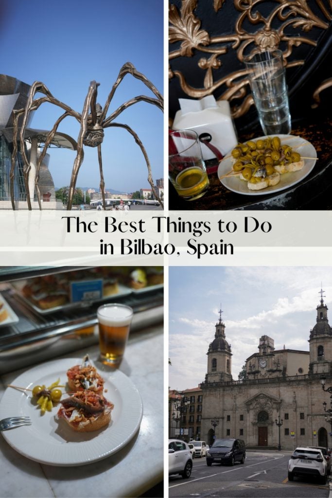 Bilbao travel guide graphic with sculpture, pintxos, and church