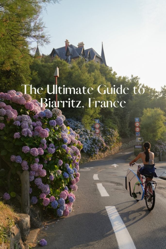 Biarritz Pinterest graphic with cyclist riding past hydrangeas