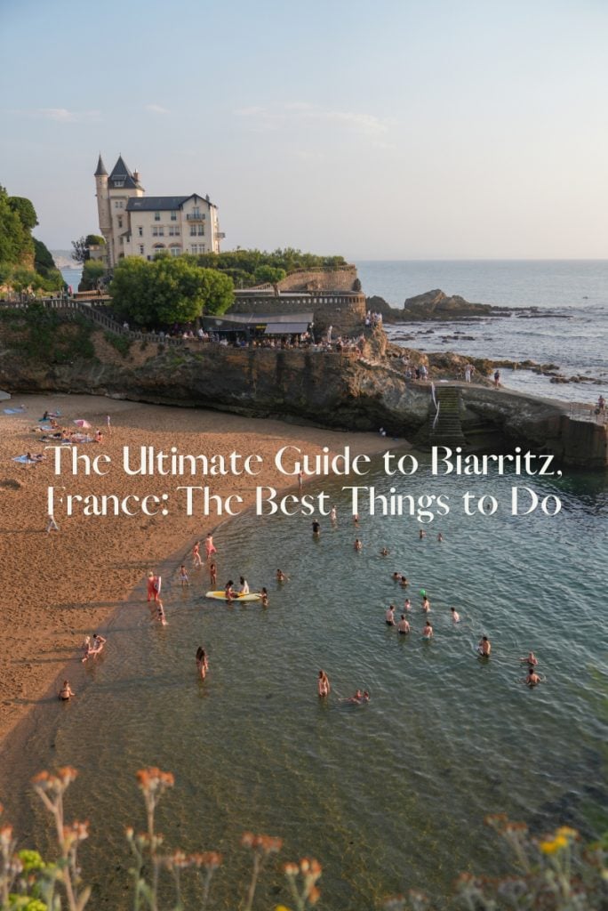 Biarritz Pinterest graphic with swimmers in a rocky cove