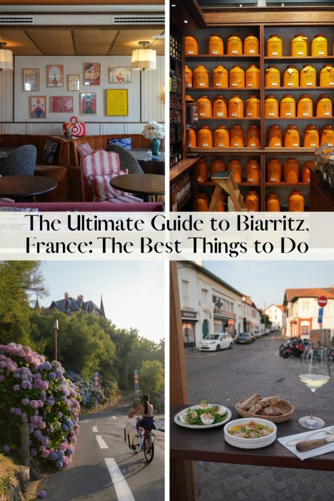 Biarritz travel guide graphic with interiors, cyclist, and outdoor dining