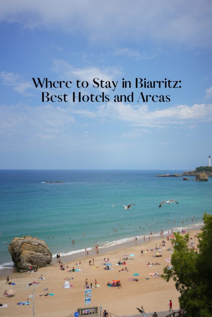 Pinterest graphic about Biarritz hotels over a beach scene