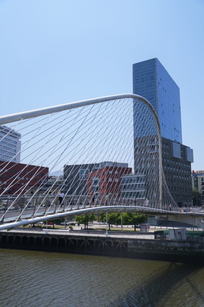 White arch of Zubizuri Bridge over the Nervión River