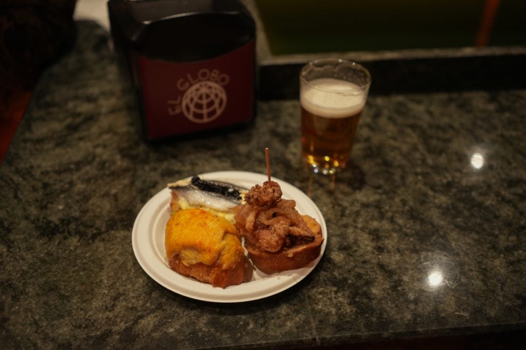 Assorted pintxos and beer at Bar El Globo