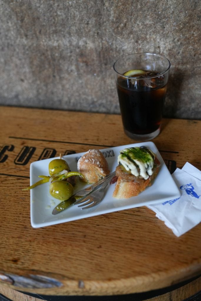 Pintxo, olives, and cola at Gure Toki