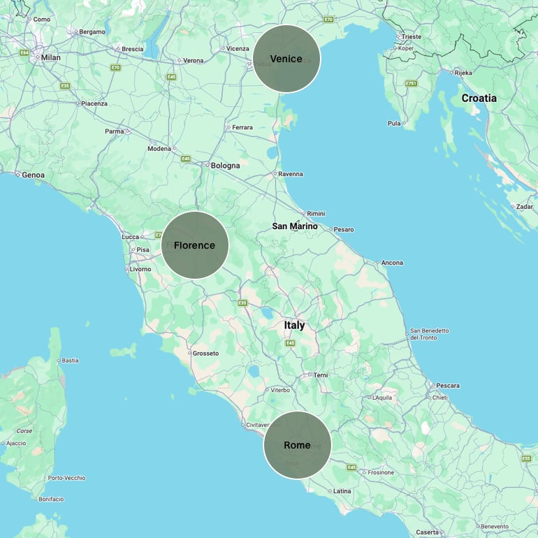 Map of the main regions covered in this 10-day Italy itinerary (Rome, Florence, and Venice)