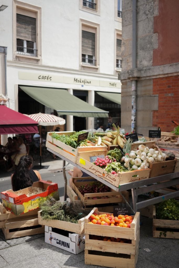 Crates of vegetables outside Les Halles de Biarritz