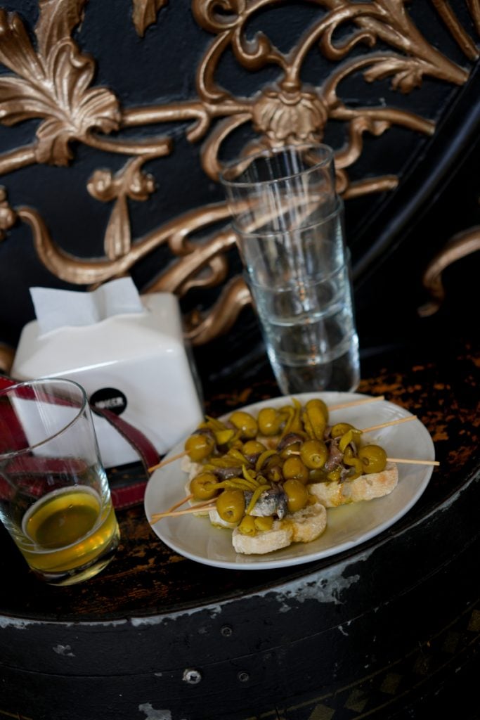 Plate of gilda pintxos at a Bilbao bar