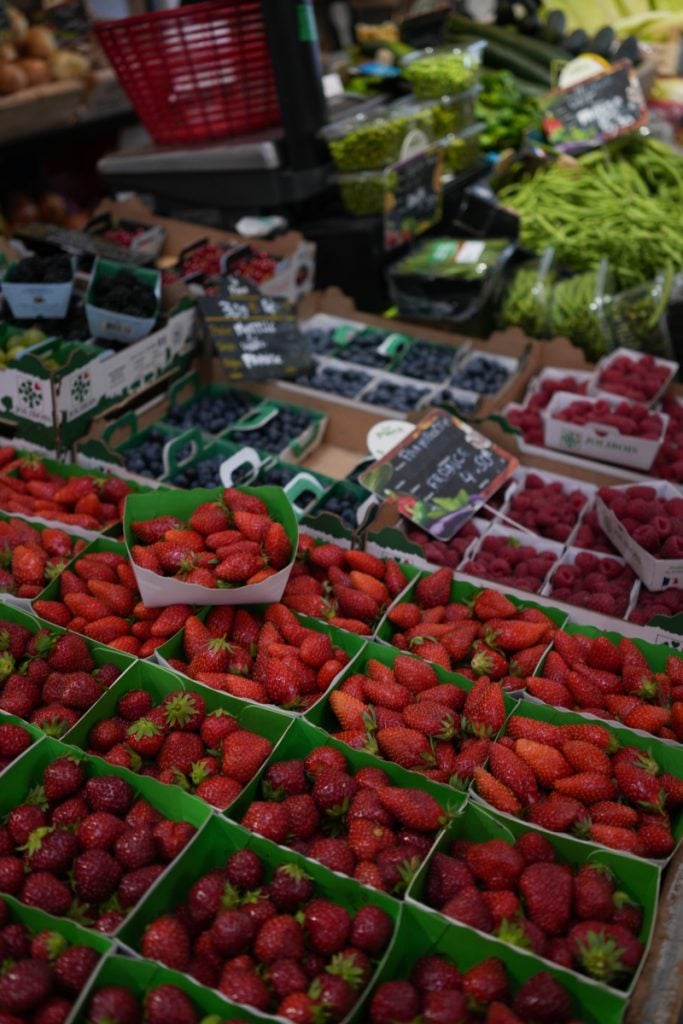 Strawberries and other berries at Les Halles market