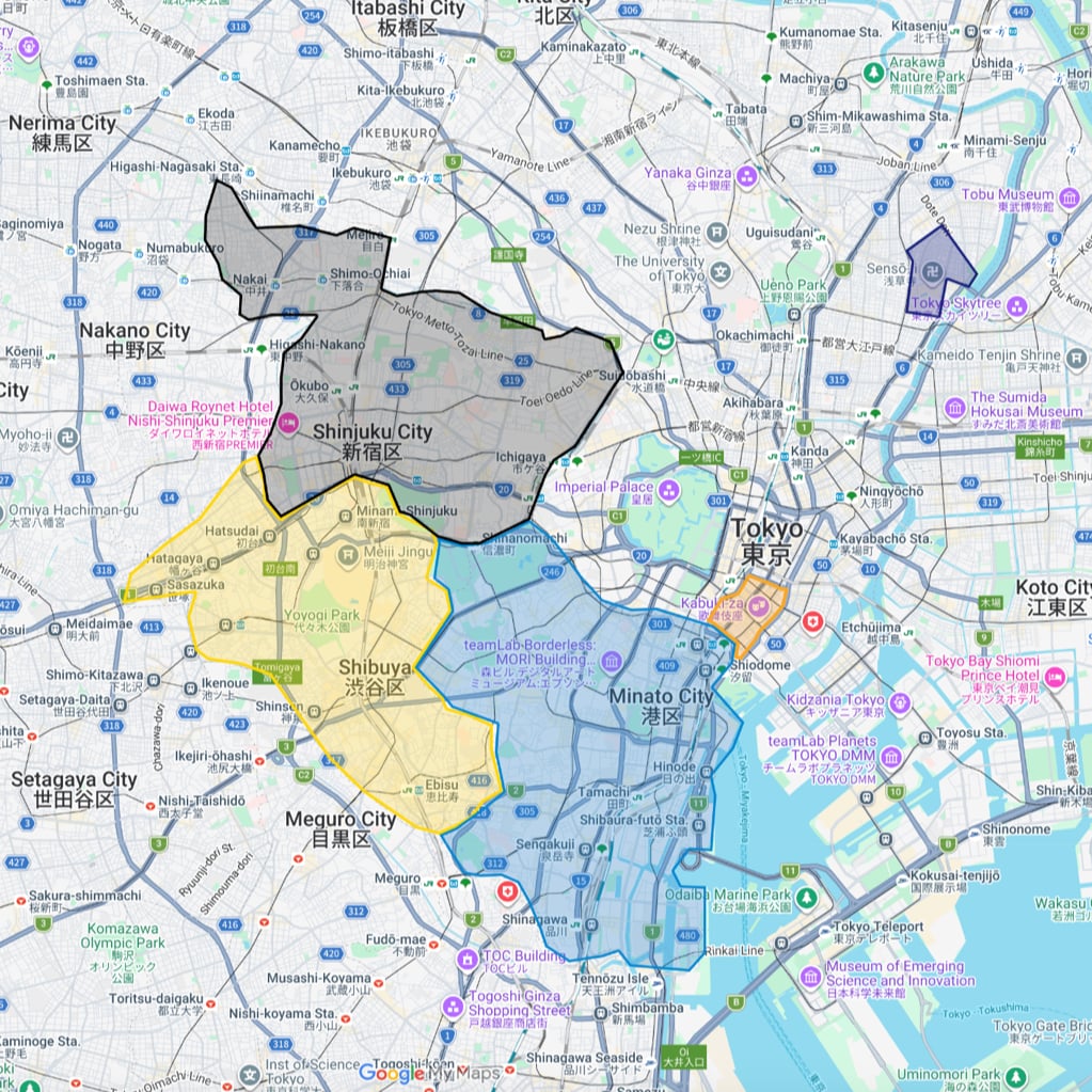 Map of Tokyo highlighting five recommended areas to stay: Shibuya in yellow, Roppongi and Minato City in blue, Ginza and Tokyo Station in orange, Asakusa in purple, and Shinjuku in black