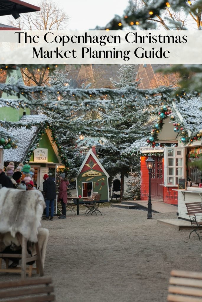 Pinterest graphic featuring a decorated Copenhagen Christmas market
