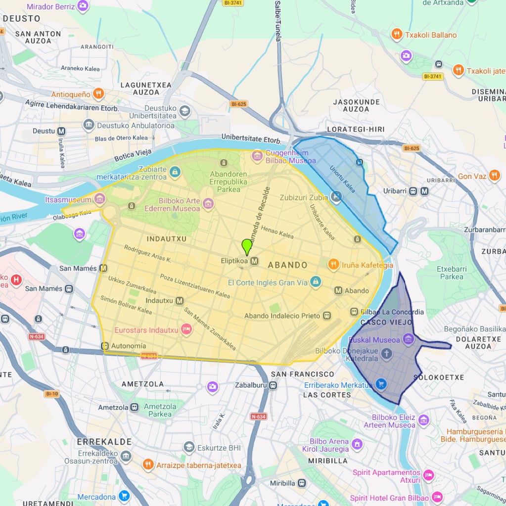 Map of Bilbao highlighting three recommended areas to stay: Abando & Indautxu in yellow, Casco Viejo (Old Town) in purple, and Castaños in blue.