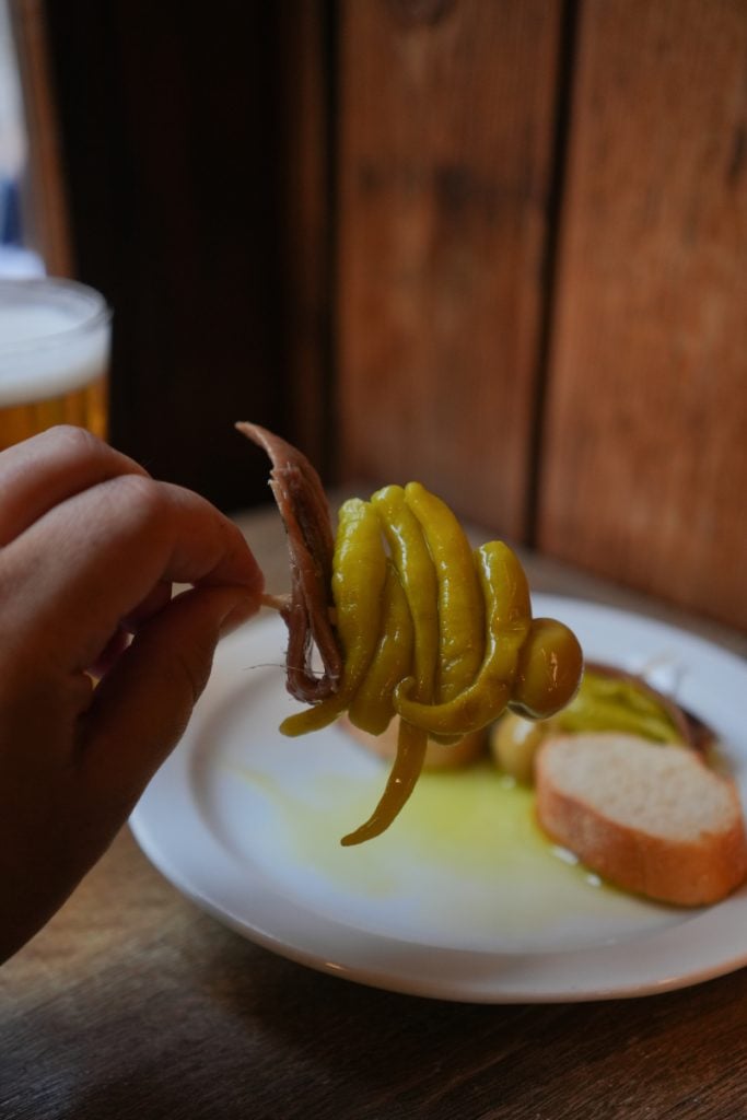 Gilda pintxo with anchovy, peppers, and olive at Casa Vallés