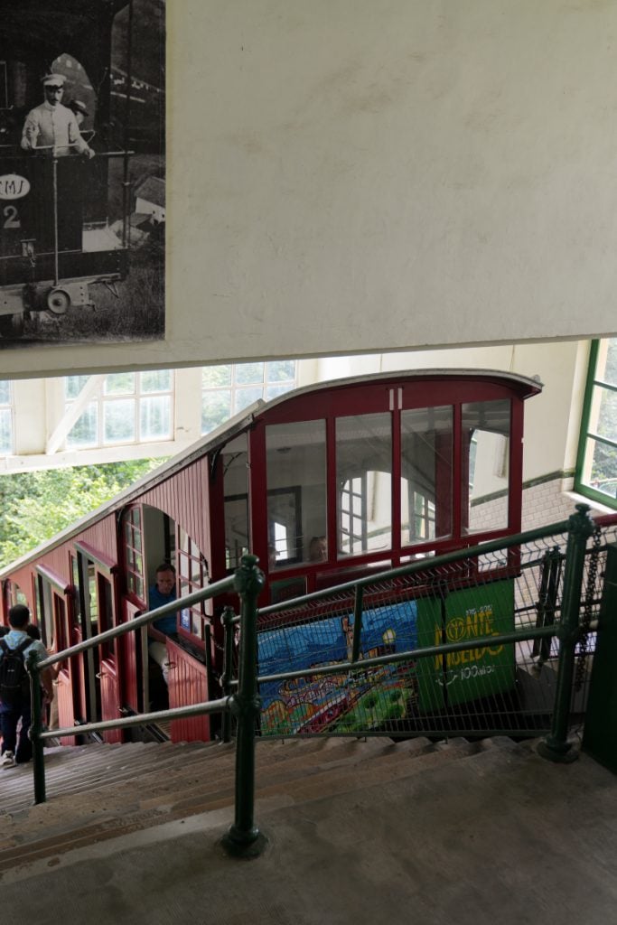 Red funicular car at Monte Igueldo station