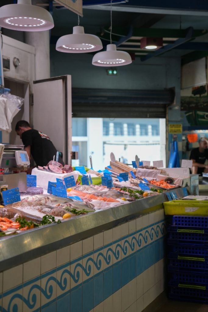 Fish and shellfish counter at Les Halles de Saint-Jean-de-Luz