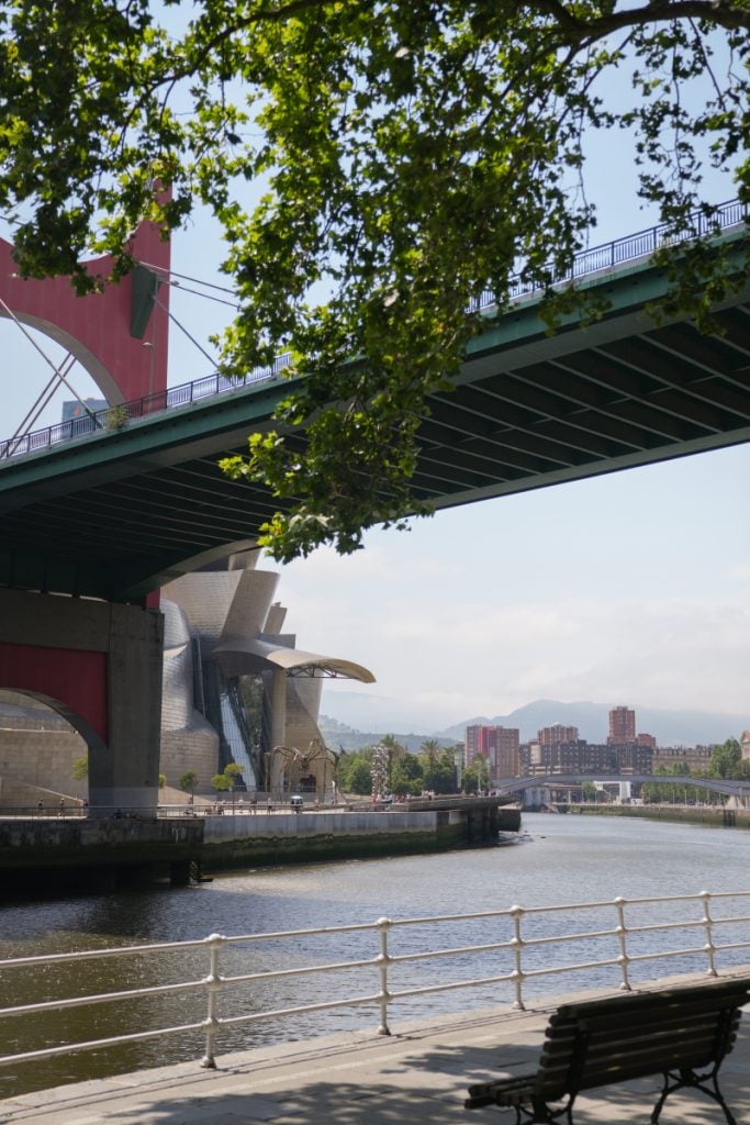Guggenheim Museum beneath Puente de la Salve bridge along the Nervión River