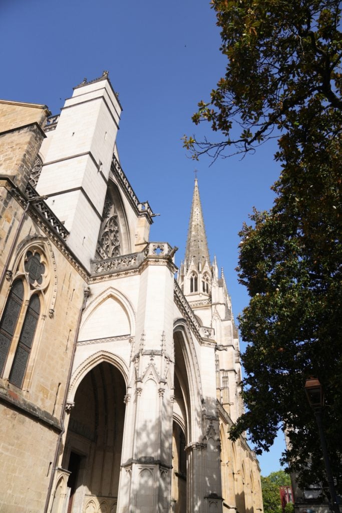 Gothic exterior and spire of Sainte-Marie Cathedral in Bayonne