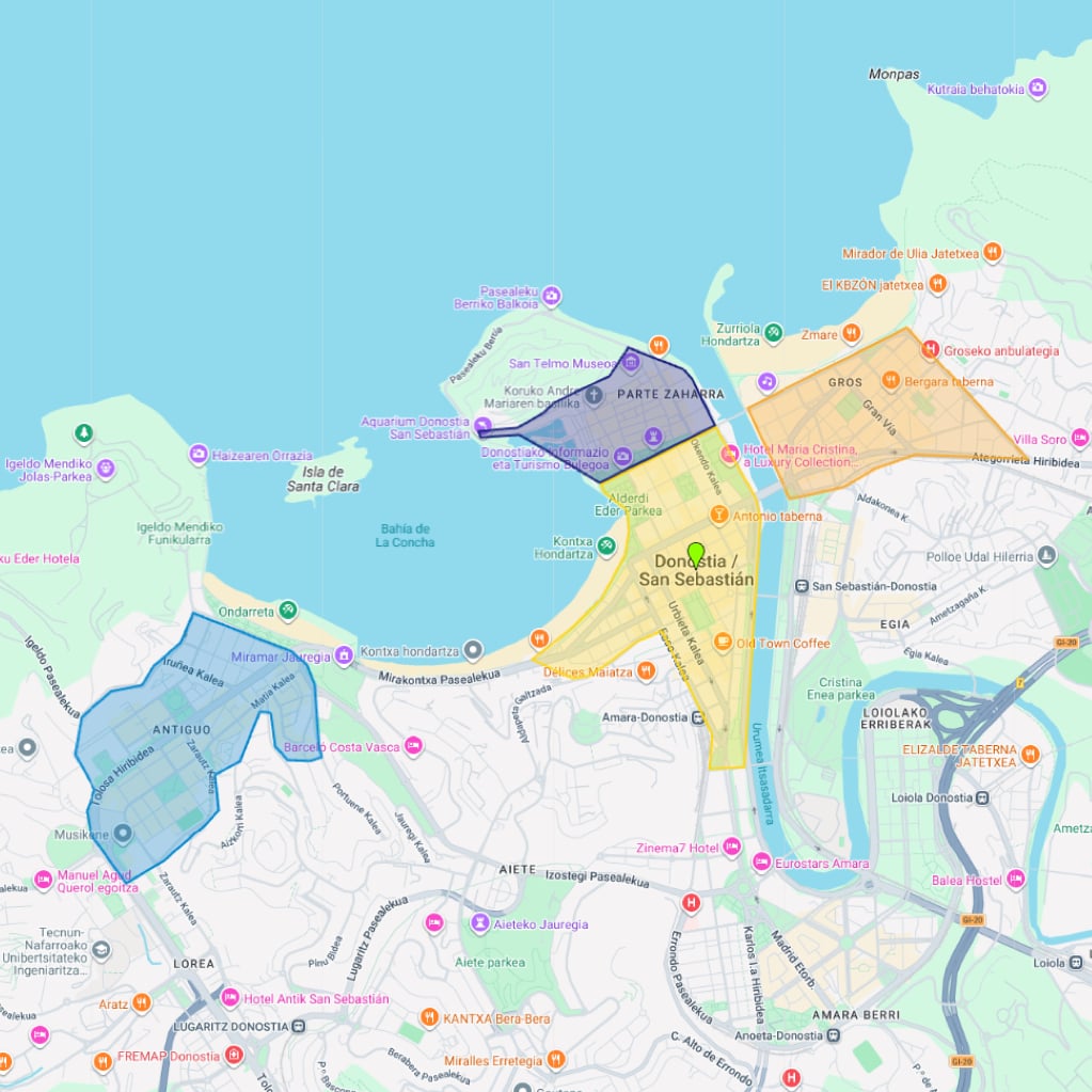 Map of San Sebastián highlighting four recommended areas to stay: Centro in yellow, Parte Vieja in purple, Antiguo in blue, and Gros in orange