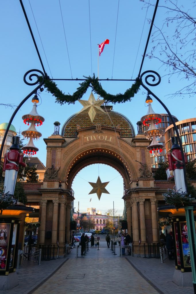 Tivoli Gardens entrance decorated with stars and nutcrackers