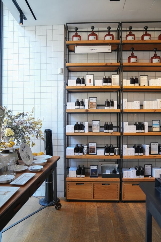 Apothecary products displayed inside 10AM Apotheke