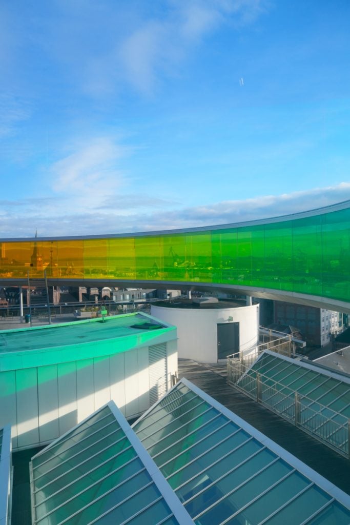 Rainbow-colored rooftop walkway at ARoS Museum in Aarhus