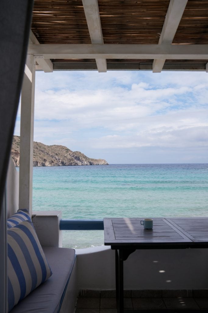 Turquoise sea from a boathouse terrace in Firopotamos