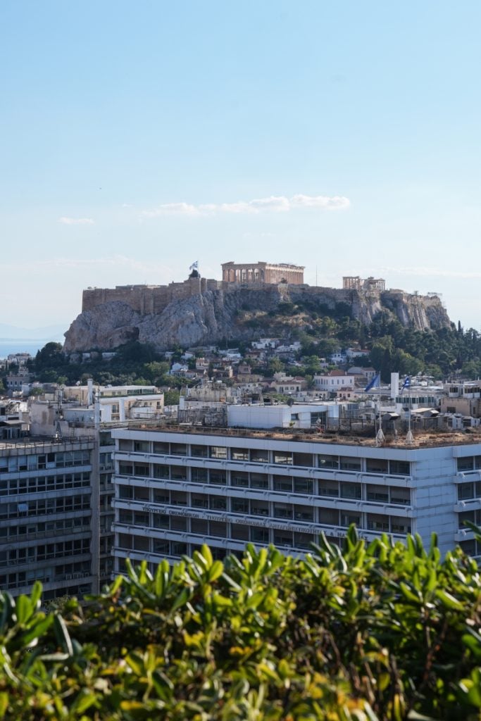 Acropolis above Athens rooftops from Hotel Grande Bretagne