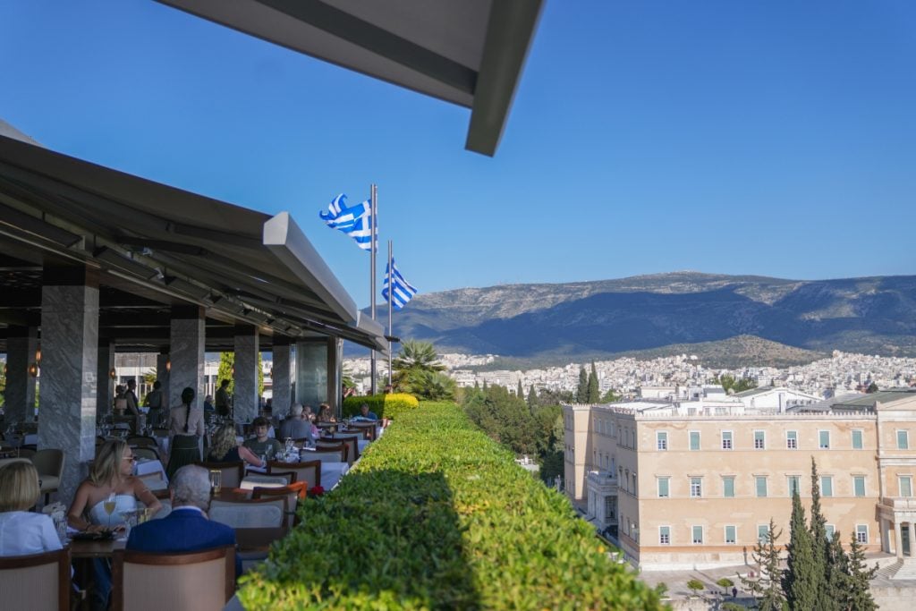 Hotel Grande Bretagne terrace overlooking the Hellenic Parliament