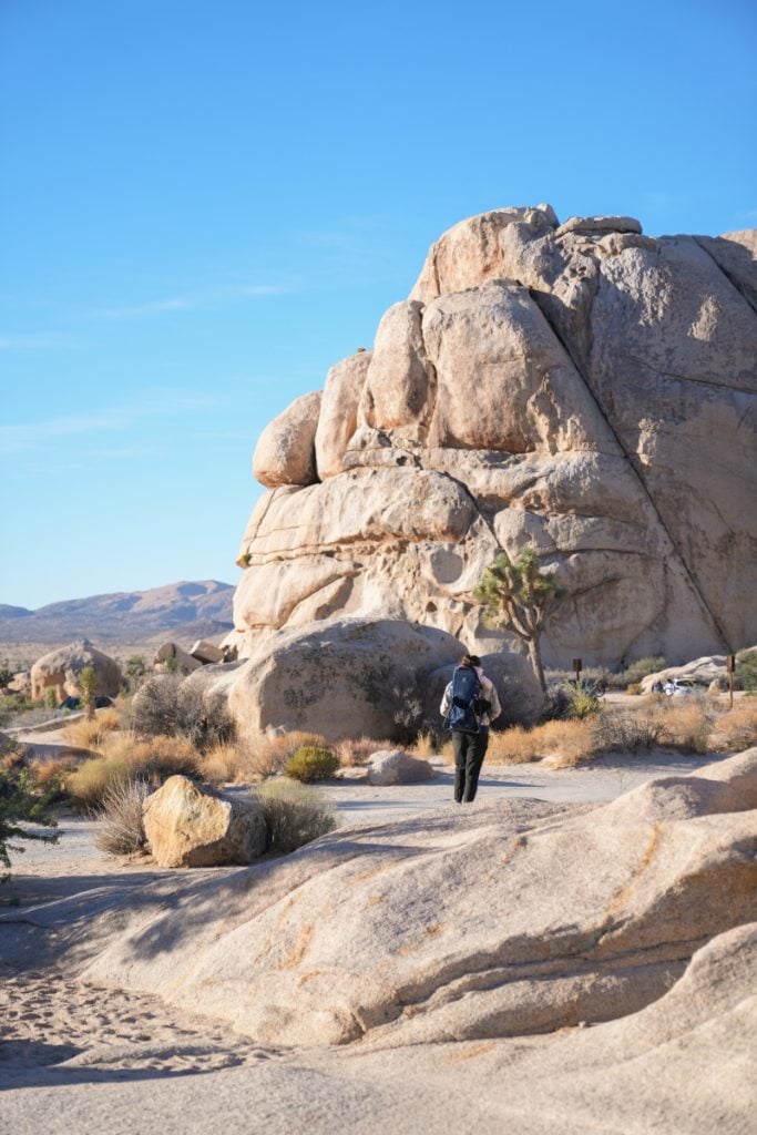 Hiker beside a towering rock formation in Joshua Tree National Park