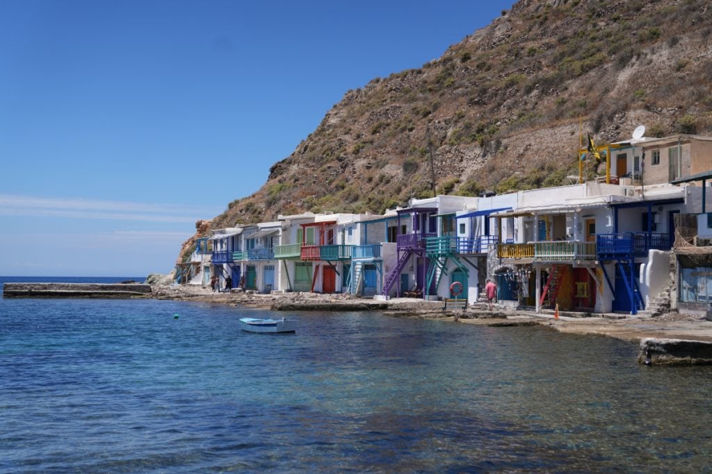 Colorful waterfront boathouses in Klima, Milos