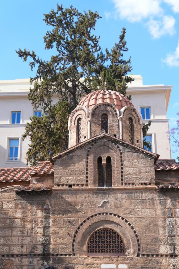 Domed exterior of Panagía Kapnikaréa Church in Athens