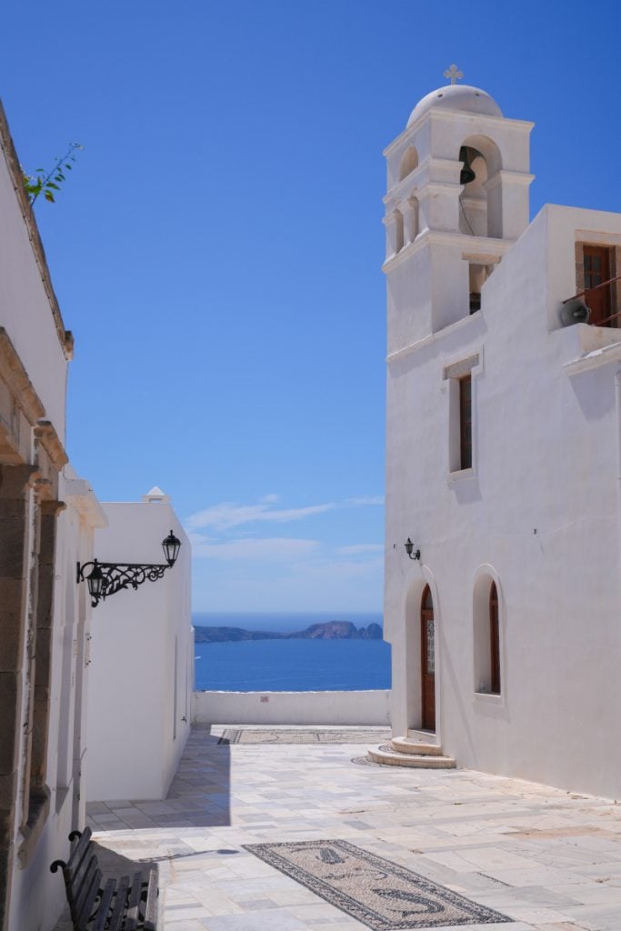 White church overlooking the Aegean in Plaka