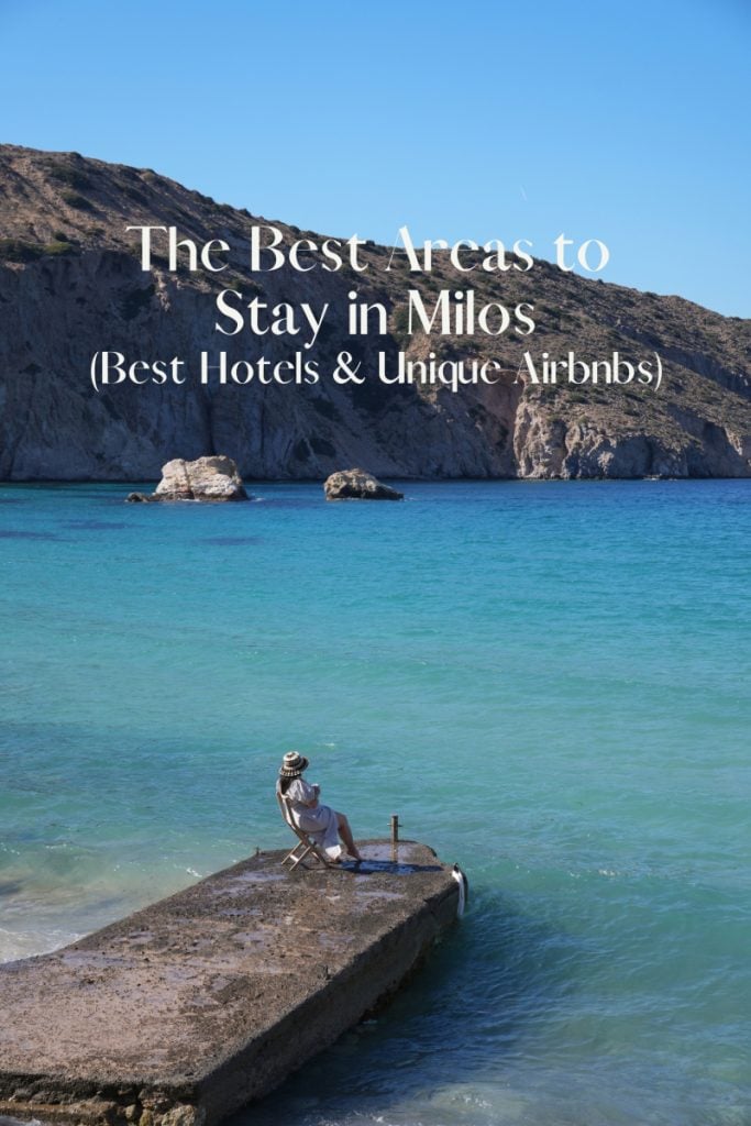 Milos accommodations guide graphic with a woman by turquoise water