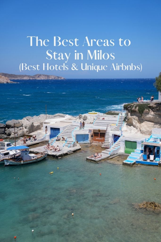Milos accommodations guide graphic over seaside boathouses and boats