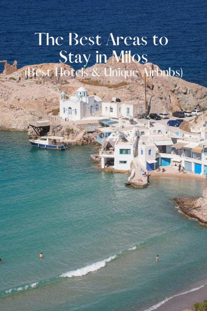 Coastal Milos village graphic titled Best Areas to Stay