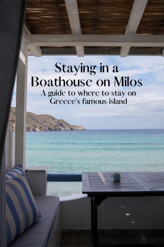 Seaside terrace graphic promoting a Milos boathouse guide